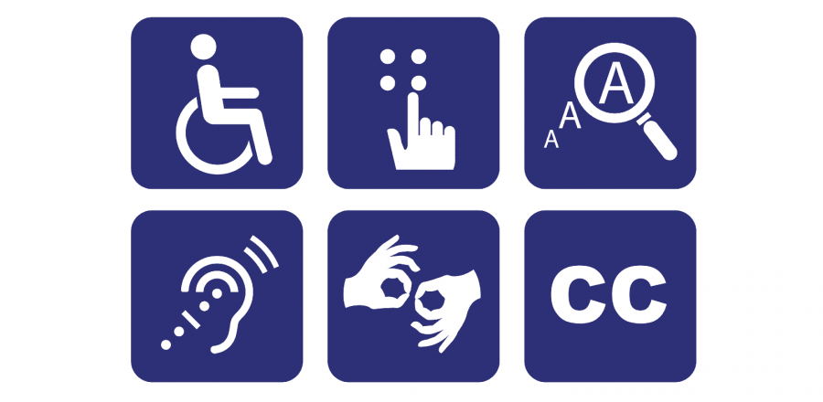 accessibility icons including a person in a wheelchair, a hand touching Braille, magnified type, hearing aid, sign language, and 