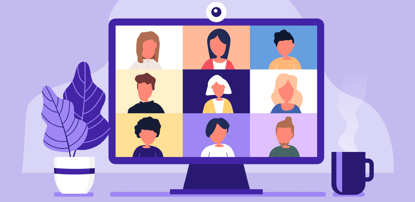 Nine people on a video screen in classic video chat grid format