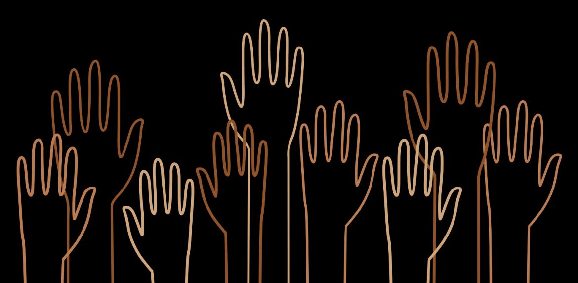 Illustration of hand outlines, in multiple colors, raised in the air against a black background.