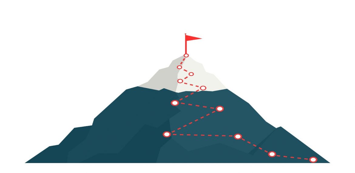 Image of a mountaintop with a red dotted line leading from the bottom to the top where a red flag is planted.