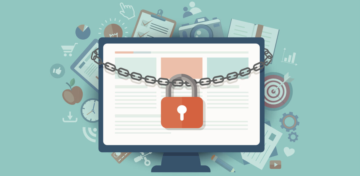 Illustration of a desktop monitor wrapped in a chain and red lock on a teal green background.