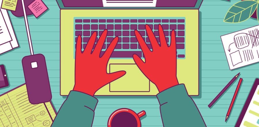 Illustration of a pair of hands typing on a keyboard on a teal background.