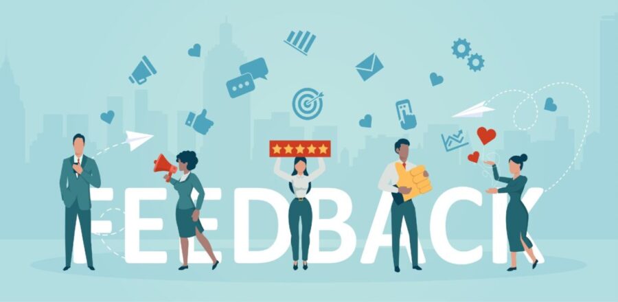 Illustration of five figures on a light blue background standing in front of white letters that spell out 'FEEDBACK', surrounded by light white icons from various social media apps e.g., heart, thumbs up, etc.