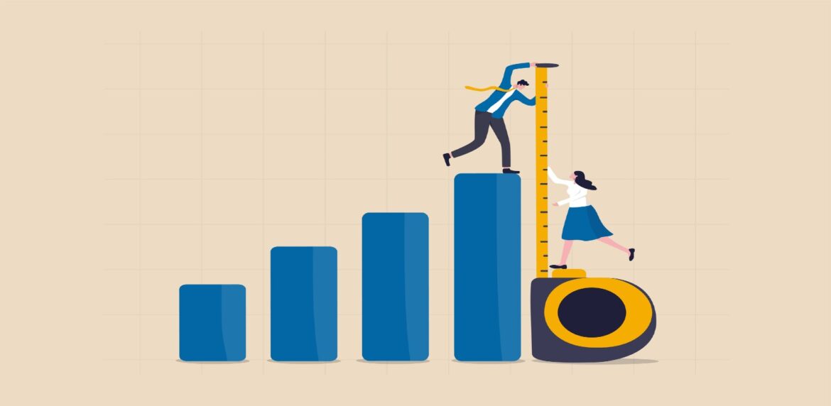 Illustration of two figures. One figure is standing on the tallest bar in a graph and the other figure is standing atop a life-sized tape measure. The bars in the graph are blue and the background is beige.