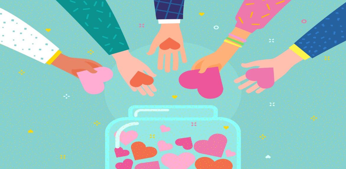 Illustration of five hands of various shades putting pink and read hearts into a jar of other hearts. The background is a teal blue with dots of yellow and white.