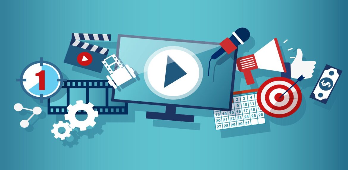 Illustration of a laptop monitor (center) surrounded by icons associated with video making e.g., microphone, film strip, clapperboard, etc. on a teal blue background.
