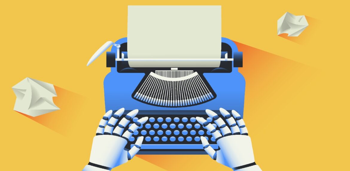Illustration of a blank piece of computer paper sitting in a blue typewriter with a pair of robotic hands hovering over the keys on a bright yellow background.
