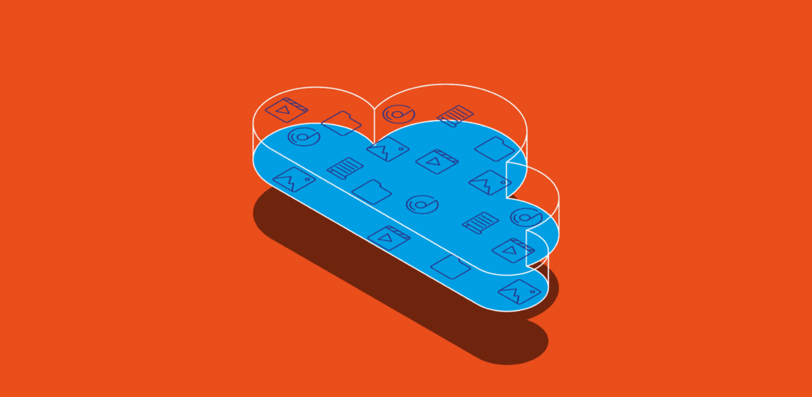 Illustration of a blue cloud, filled with digital icons for a variety of digital platforms, on a dark orange background.