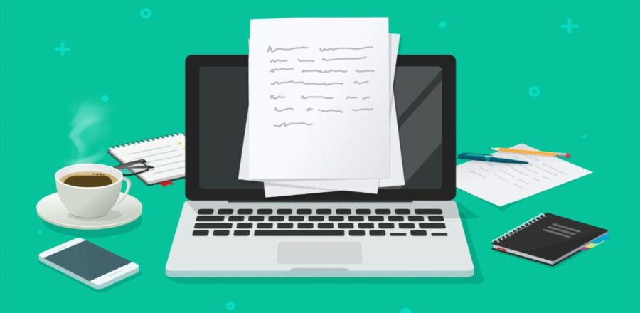 Illustration of a laptop with computer paper suspended in front of a black screen on a teal background; to the left of the laptop is a cell phone, cup and saucer, and papers; to the right of the laptop is a black notebook and papers.