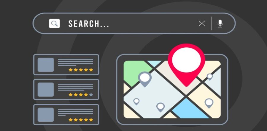 Illustration of a search bar above a map identifying a specific location with a red pin on a black background.