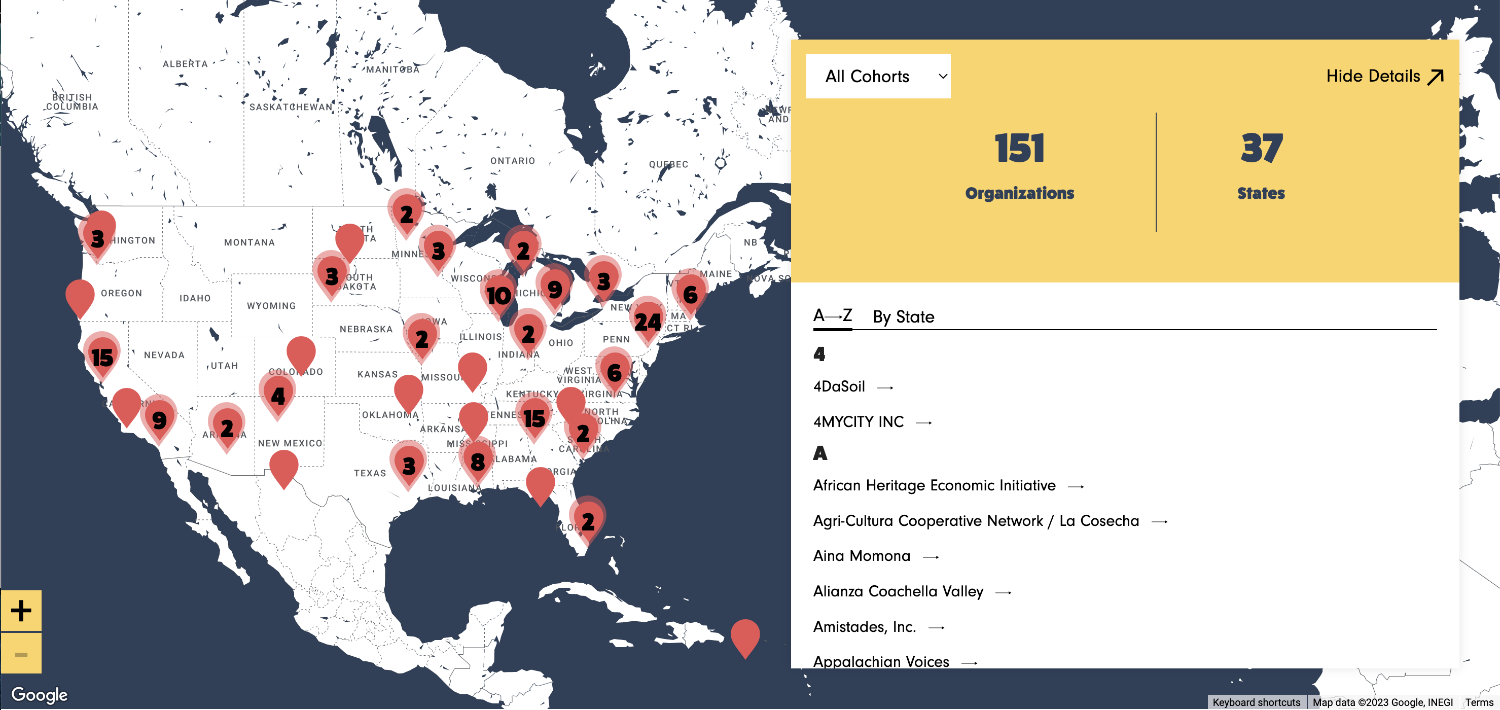 Map of United States with many clickable pins to show location of cohort members across the country and provide access to information about each cohort member.