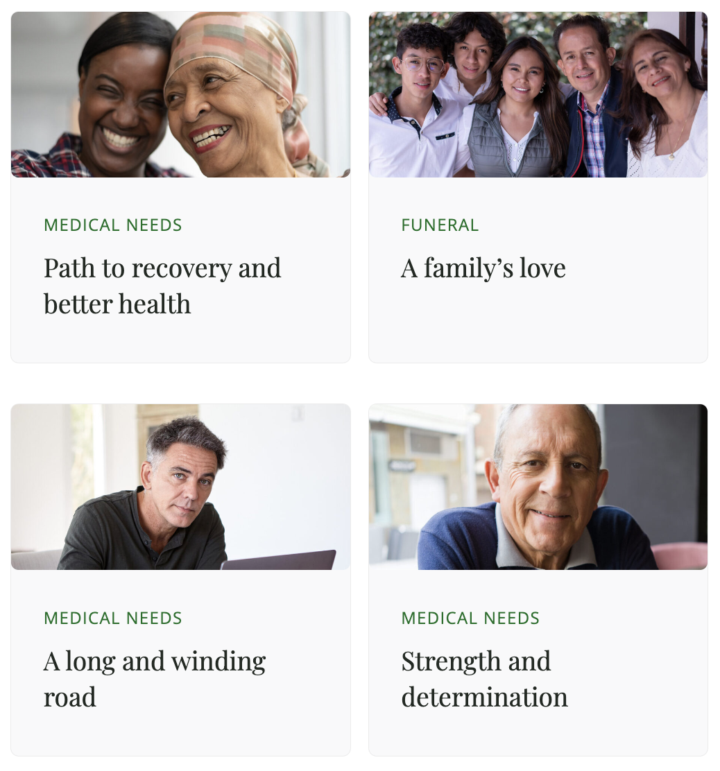 A set of 4 grantee story subheads and headlines with images of people attached to each headline.