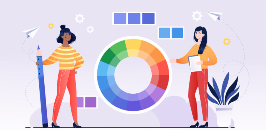 Two female characters are standing next to color wheel scheme. Creative designers picking color palette and creating color harmony for art project.